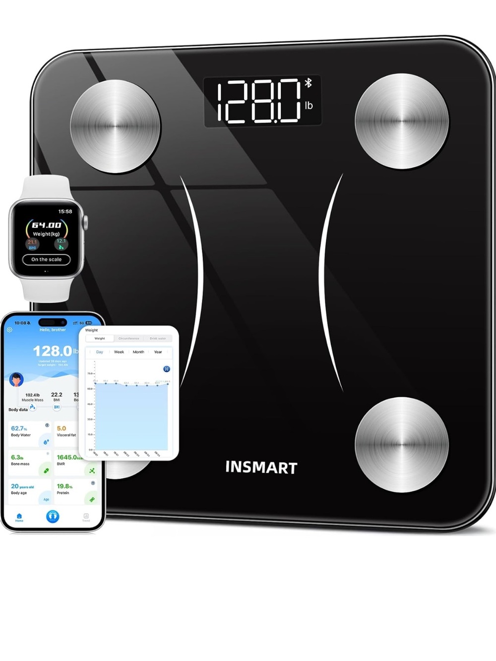 Black Smart Body Weight Scale with Bluetooth App